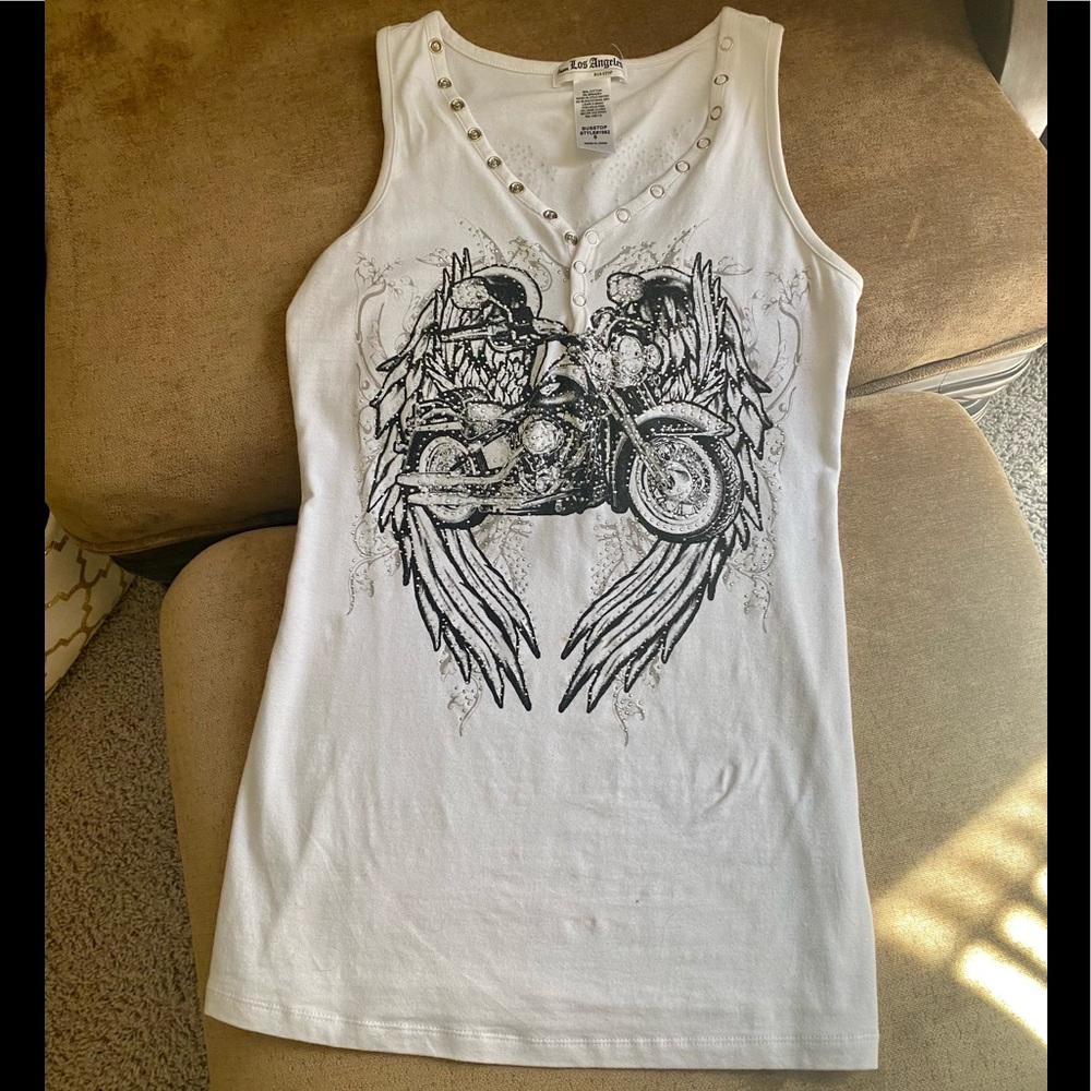 White motorcycle, wings and bling tank top